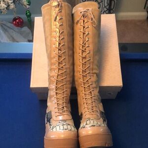 Cape Robbins Zipper Print & Tan Lace-Up Knee-High Boots